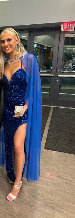 Custom Blue Size 4 Prom Plunge Sheer Free Shipping Mermaid Dress on Queenly