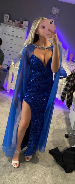 Custom Blue Size 4 Plunge Prom Cape Mermaid Dress on Queenly