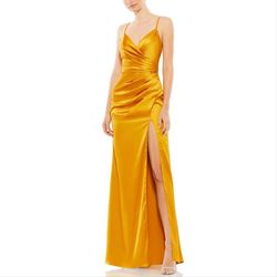 Style 26585 Mac Duggal Gold Size 2 Floor Length V Neck Side slit Dress on Queenly