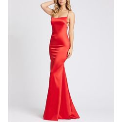 Style 26268 Mac Duggal Red Size 6 Prom Satin Spaghetti Strap Floor Length Square Neck Train Dress on Queenly