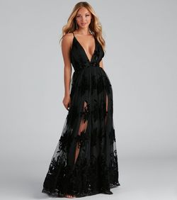 Style 05002-6274 Windsor Black Size 8 Tulle Plunge Floor Length Side slit Dress on Queenly