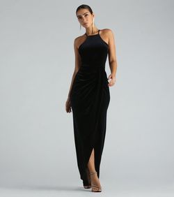 Style 05002-7619 Windsor Black Size 0 Spaghetti Strap Bridesmaid High Neck Floor Length Side slit Dress on Queenly