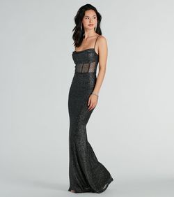 Style 05002-7566 Windsor Black Size 8 Prom Floor Length Corset Sheer Mermaid Dress on Queenly