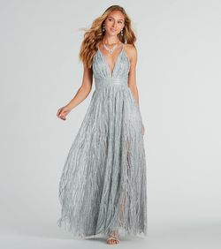 Style 05002-8002 Windsor Silver Size 4 Prom Floor Length V Neck Sheer Side slit Dress on Queenly