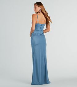 Style 05002-7825 Windsor Nude Size 4 Floor Length Silk Corset V Neck Side slit Dress on Queenly