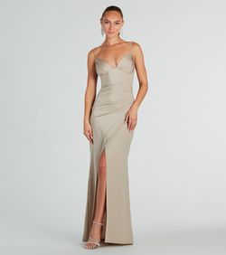 Style 05002-7825 Windsor Nude Size 4 Floor Length Silk Corset V Neck Side slit Dress on Queenly