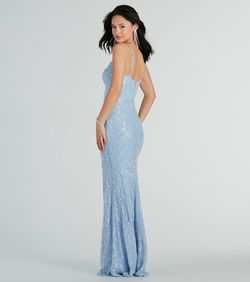 Style 05002-8087 Windsor Blue Size 8 Mermaid Wedding Guest Jersey Side slit Dress on Queenly