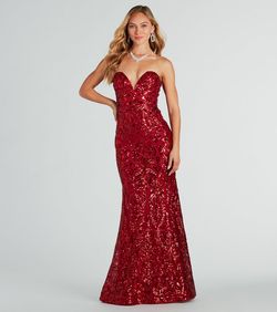 Style 05002-7939 Windsor Red Size 12 Floor Length Plus Size Sheer Prom Mermaid Dress on Queenly
