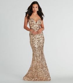 Style 05002-7937 Windsor Gold Size 0 Floor Length Wedding Guest Strapless Military Mermaid Dress on Queenly