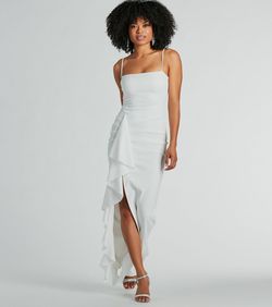 Style 05002-8344 Windsor White Size 4 Square Neck Ruffles Custom Floor Length Side slit Dress on Queenly