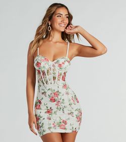 Style 05101-3138 Windsor White Size 4 Sweetheart Spaghetti Strap Floral Mini Straight Dress on Queenly
