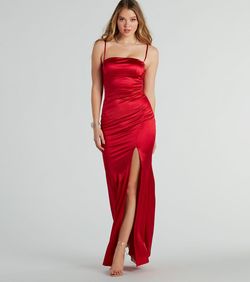 Style 05002-7694 Windsor Red Size 0 Square Neck Prom Spaghetti Strap Jersey Side slit Dress on Queenly