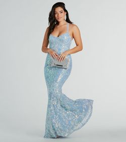 Style 05002-7941 Windsor Blue Size 0 Sequined Sheer Military Shiny Floor Length Mermaid Dress on Queenly