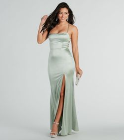 Style 05002-8267 Windsor Green Size 4 Mini Square Neck Shiny Mermaid Side slit Dress on Queenly