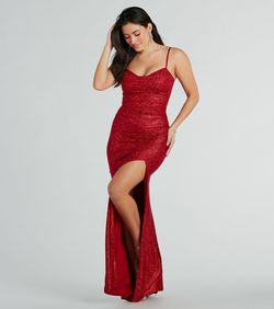 Style 05002-8202 Windsor Red Size 12 Prom Plus Size Padded Spaghetti Strap Jersey Side slit Dress on Queenly