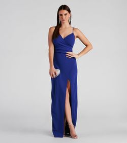 Style 05002-0082 Windsor Blue Size 12 Tall Height Plunge Jewelled Spaghetti Strap Side slit Dress on Queenly