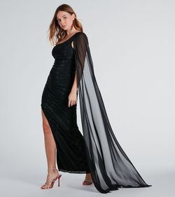 Style 05002-7354 Windsor Black Size 8 Floor Length Tulle Jewelled Wedding Guest Sheer Side slit Dress on Queenly