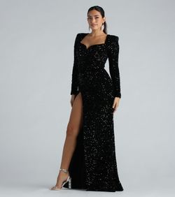 Style 05002-6920 Windsor Black Size 0 Velvet Long Sleeve Tall Height Floor Length Side slit Dress on Queenly