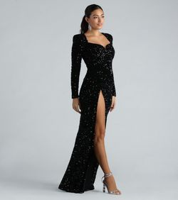 Style 05002-6920 Windsor Black Size 0 Velvet Long Sleeve Tall Height Floor Length Side slit Dress on Queenly