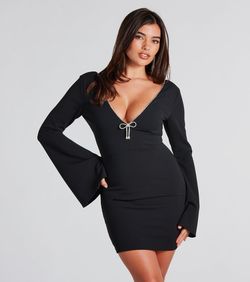 Style 05001-1998 Windsor Black Size 4 Bell Sleeves Plunge Jewelled Cocktail Dress on Queenly