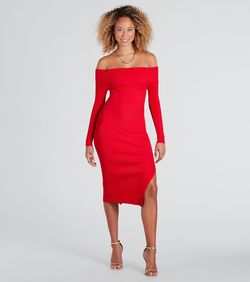 Style 06005-1793 Windsor Red Size 4 Long Sleeve Tall Height Fitted Side slit Dress on Queenly