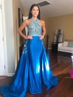 Style Custom Jovani Blue Size 00 Floor Length Jersey Pageant Train Dress on Queenly