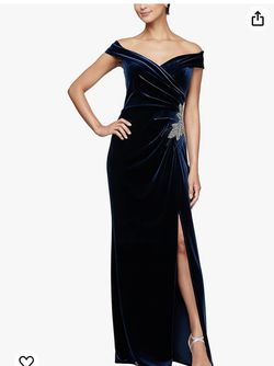 Alex Evening Gown Blue Size 10 Floor Length Velvet Side slit Dress on Queenly