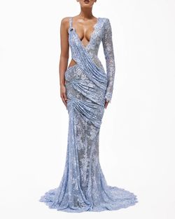 Style haute-allure-24-8 Valdrin Sahiti Blue Size 0 Pageant Floor Length Tall Height Straight Dress on Queenly