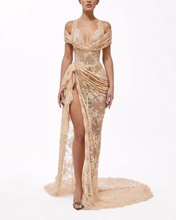 Style haute-allure-24-2 Valdrin Sahiti Gold Size 0 Pageant Side slit Dress on Queenly