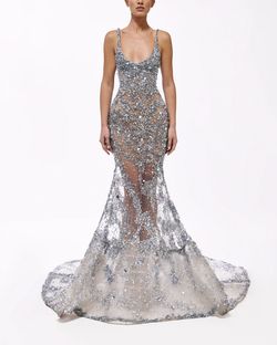 Style haute-allure-24-5 Valdrin Sahiti Silver Size 8 Floor Length Pageant Mermaid Dress on Queenly