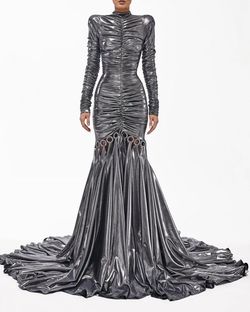 Style metallic-majesty-24-1 Valdrin Sahiti Silver Size 0 Tall Height Shiny Pageant Mermaid Dress on Queenly