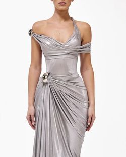 Style metallic-majesty-24-3 Valdrin Sahiti Silver Size 0 Floor Length Shiny Pageant Side slit Dress on Queenly