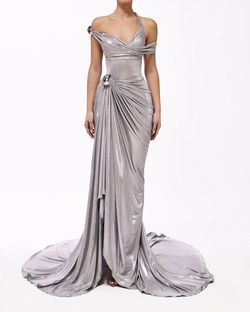 Style metallic-majesty-24-3 Valdrin Sahiti Silver Size 0 Shiny Floor Length Tall Height Side slit Dress on Queenly
