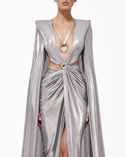 Style metallic-majesty-24-4 Valdrin Sahiti Silver Size 12 Black Tie Shiny Side slit Dress on Queenly