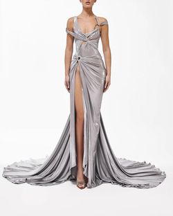 Style metallic-majesty-24-5 Valdrin Sahiti Silver Size 0 Shiny Pageant Floor Length Side slit Dress on Queenly