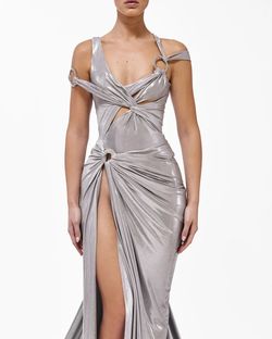 Style metallic-majesty-24-5 Valdrin Sahiti Silver Size 4 Shiny Pageant Floor Length Side slit Dress on Queenly
