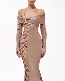 Style metallic-majesty-24-6 Valdrin Sahiti Gold Size 12 Tall Height Plus Size Floor Length Side slit Dress on Queenly