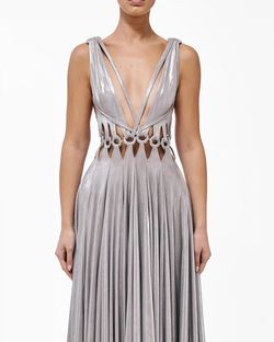 Style metallic-majesty-24-6 Valdrin Sahiti Silver Size 4 Shiny A-line Dress on Queenly