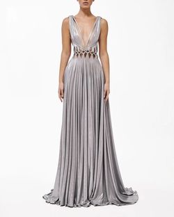 Style metallic-majesty-24-6 Valdrin Sahiti Silver Size 8 Shiny Floor Length Tall Height A-line Dress on Queenly