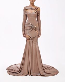Style metallic-majesty-24-9 Valdrin Sahiti Gold Size 0 Pageant Floor Length Shiny Tall Height Mermaid Dress on Queenly