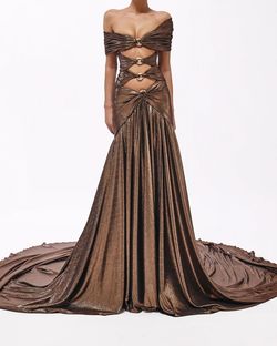 Style metallic-majesty-24-12 Valdrin Sahiti Gold Size 0 Shiny Pageant Floor Length A-line Dress on Queenly