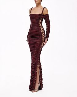 Style metallic-majesty-24-16 Valdrin Sahiti Red Size 4 Shiny Straight Dress on Queenly