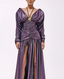 Style metallic-majesty-24-17 Valdrin Sahiti Purple Size 0 Floor Length Side slit Dress on Queenly