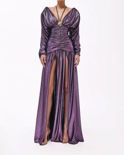 Style metallic-majesty-24-17 Valdrin Sahiti Purple Size 0 Tall Height Shiny Pageant Side slit Dress on Queenly