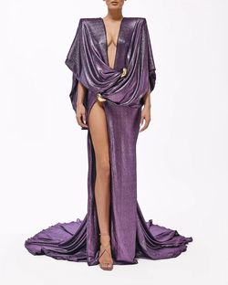 Style metallic-majesty-24-18 Valdrin Sahiti Purple Size 0 Floor Length Shiny Tall Height Side slit Dress on Queenly