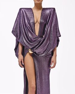 Style metallic-majesty-24-18 Valdrin Sahiti Purple Size 12 Pageant Floor Length Shiny Tall Height Side slit Dress on Queenly