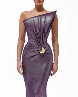 Style metallic-majesty-24-20 Valdrin Sahiti Purple Size 4 Pageant Shiny Side slit Dress on Queenly