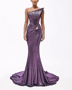 Style metallic-majesty-24-20 Valdrin Sahiti Purple Size 12 Pageant Floor Length Shiny Tall Height Side slit Dress on Queenly