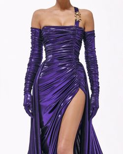 Style metallic-majesty-24-23 Valdrin Sahiti Purple Size 12 Pageant Floor Length Shiny Tall Height Side slit Dress on Queenly