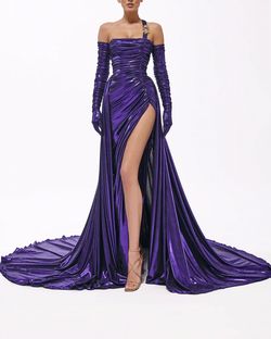 Style metallic-majesty-24-23 Valdrin Sahiti Purple Size 12 Pageant Floor Length Shiny Tall Height Side slit Dress on Queenly